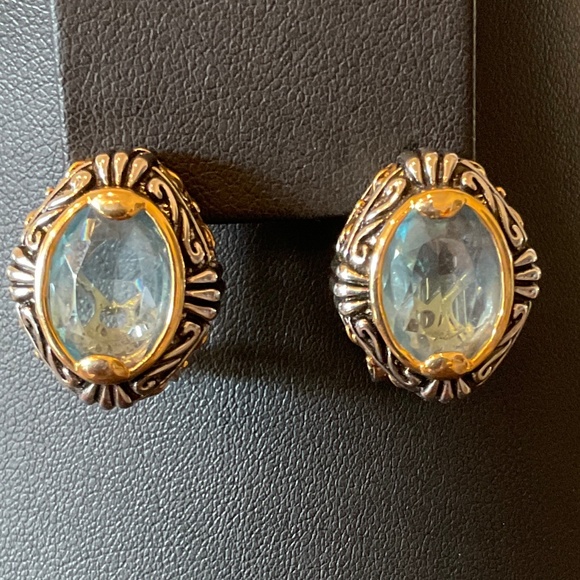 Aquamarine Goldtone and Silvertone Pierced Earrings - Picture 1 of 3